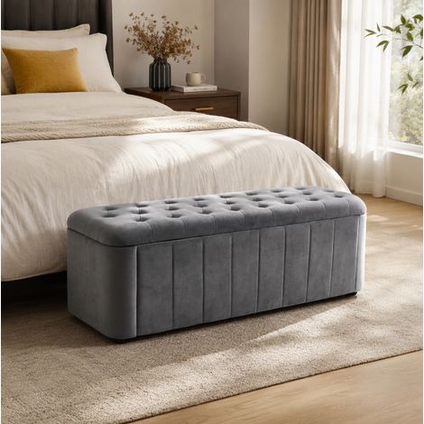 Banc de rangement 132x47x44 cm en velours gris foncé, gain de place pour salon FloraGrace (1/5)