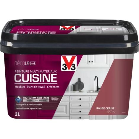 V33 – Peinture multi-matériaux cuisine satin rouge cerise 2 L – Antitache et antichoc – Adhérence sur tous matériaux – Application sans ponçage