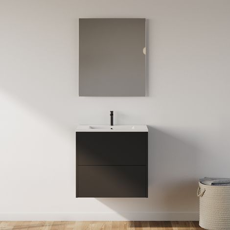 Meuble de salle de bain 60cm avec simple vasque - 2 tiroirs - noir - MONA (1/5)