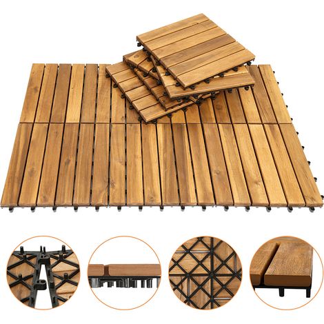 Jiubiaz Dalle en bois Acacia 30 x 30 Dalles à clipser Balcon Dalles de terrasse Dalles de terrasse en bois Système à clipser Extérieur,résistant aux intempéries,antidérapant 33x