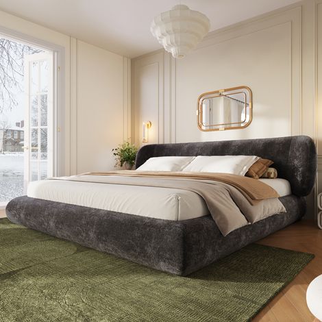 MODFU – Letto matrimoniale 180x200 cm in ciniglia con testiera imbottita, schiuma 12 cm, rete a doghe e carico 300 kg – Grigio (1/5)
