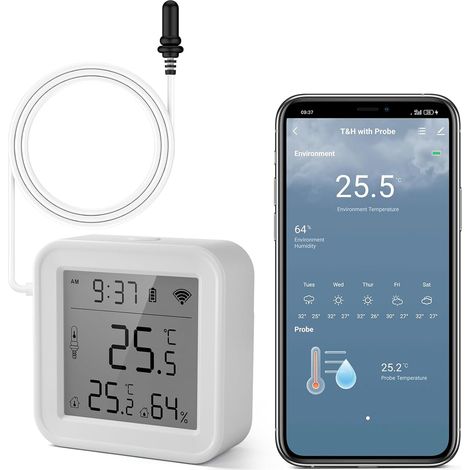 Intelligentes Kühlschrankthermometer mit App-Überwachung, kostenlosem Datenexport (°F/°C), WLAN-Hygrometer für Babyzimmer, Gewächshaus, Aquarium und Gefrierschrank, Weiß, 1 Stück