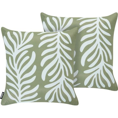 Lot de 2 Coussins Décoratifs d'Extérieur Scandinave en Polyester Motif Botanique Vert Olive Alisma (1/5)