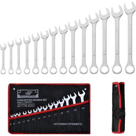 Set di chiavi a cricchetto da 14 pezzi, set di chiavi combinate in acciaio al cromo vanadio da 8-24 mm, kit di utensili avvolgibili fai da te, chiave a cricchetto poligonale per fissaggio e smontaggio (1/4)