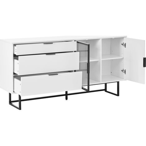 Aparador blanco moderno con vitrina de cristal, 3 cajones y luz LED (1/5)