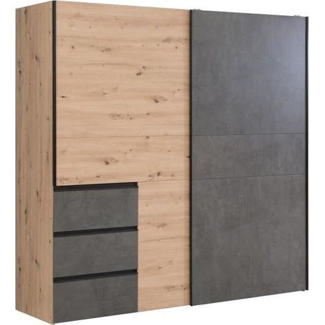 Les Tendances – Armoire 2 portes coulissantes 3 tiroirs – Chêne artisan et béton gris – L 200,1 x P 61,2 x H 200,5 cm – Poignées aluminium