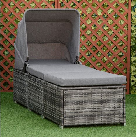 Lettino prendisole 195x65x40 cm grigio in rattan PE con baldacchino e schienale regolabile (1/5)