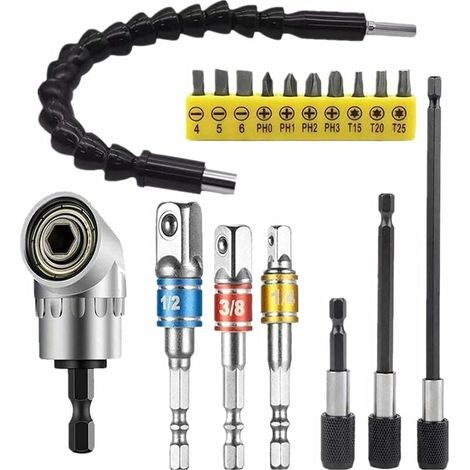 Flexibler Bohrer-105°-Adapter – 3 Akkuschrauber-Adapter (1/4, 3/8, 1/2 Zoll), 1 flexibles Winkelverlängerungsset. (1/5)