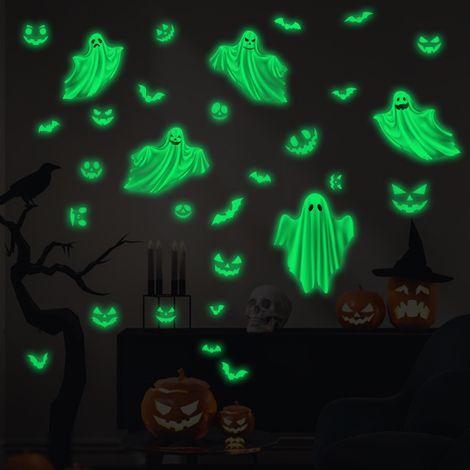 Lot 3 autocollants muraux fantômes et chauves-souris phosphorescents pour Halloween, film PET adhésif lumineux dans l'obscurité pour vitres, décoration de fête (1/5)