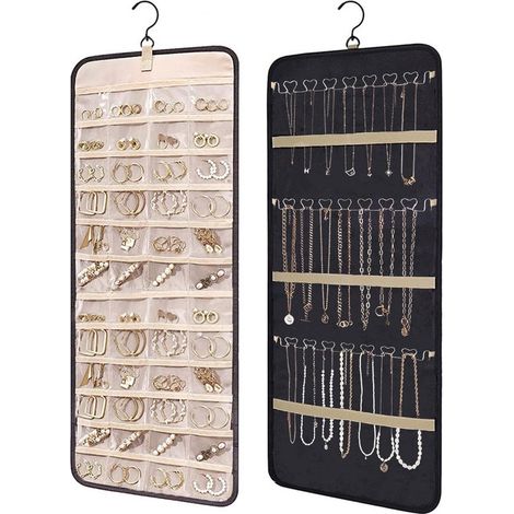 Organisateur bijoux suspendu – Double face – 48 compartiments – Noir – Collier, boucles, bagues – Pliable (1/5)