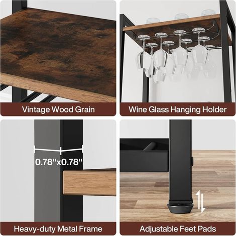 Casier vin industriel avec porte-verres, étagère métallique robuste, rangement bouteilles et verres, design atelier, meuble sommelier, 2 niveaux, usage professionnel ou domestique. (1/4)