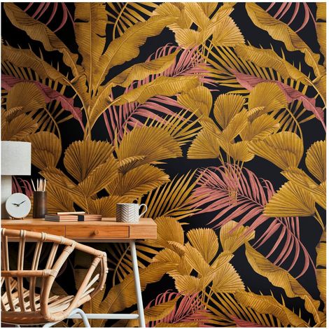 Photo wallpaper wall Profhome 391853 hot embossed non-woven wallpaper smooth with jungle elements matt black golden yellow pink pastel violet 1,59 m x 2,8 m (1/5)