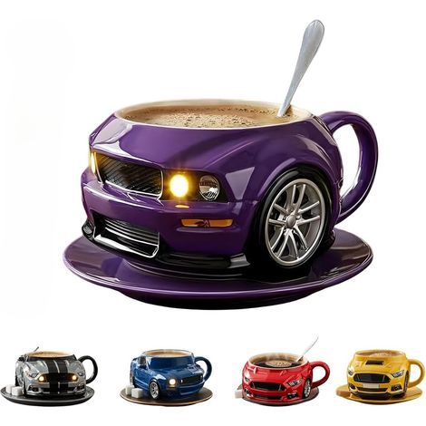 Tasse à café créative en acier inoxydable à double couche en forme de voiture, durable, faite à la main, pour voiture, bureau, eau, sous-verres non inclus, violet