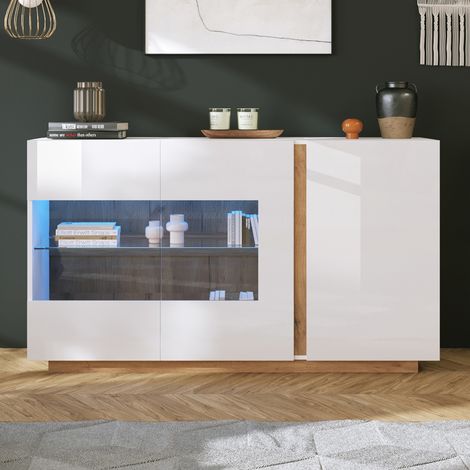 Buffet de Rangement 3 Portes LED RGB Meuble de Salon Blanc Brillant et Verre Trempé 138 x 38,5 x 90,5 cm (1/5)