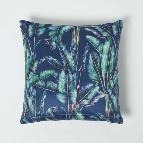 HOMESCAPES Navy Tropical Banana Leaf Velvet Cushion 46 x 46 cm