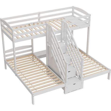 Lit mezzanine 90 x 200 cm, 3 couchages, bois de pin, échelle escamotable avec tiroirs, garde-corps, certifié EN 747, sans matelas, couleur blanche