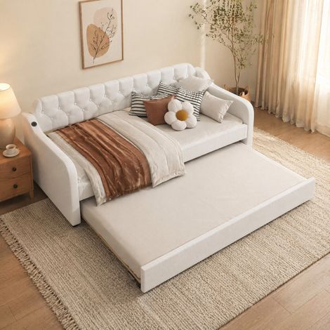 Schlafsofa 90x200 cm beige aus Leinen mit Ausziehbett und USB-Anschluss (1/5)