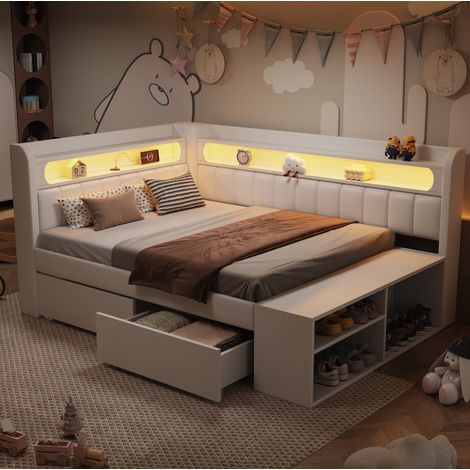 Schlafsofa gepolstert in Weiß 90x200 cm mit USB-Anschluss, LED-Beleuchtung, 2 Schubladen und Schuhschrank (1/5)