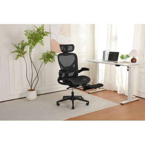 Chaise de bureau ergonomique pliante gain de place, dossier en maille intégrale, soutien lombaire, accoudoirs relevables, appui-tête 3D, repose-pieds intégré, noir (1/5)