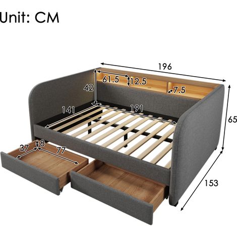 Canapé-lit 140x190 cm gris lin avec éclairage LED, port USB-C, coffre à 2 tiroirs et tête de lit de rangement, banquette convertible (Sans matelas) (1/4)