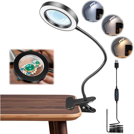 Lampe de lecture loupe, LED, lampe à pince flexible à trois températures de couleur et à intensité variable, lampe de bureau USB (1/5)