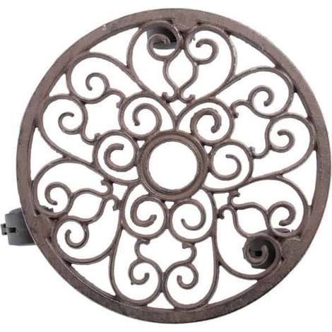 Esschert Design – Chariot à jardinières en fonte 29 cm – 3 roues robustes pour déplacement facile – Design rustique avec décoration ajourée – Protection sol