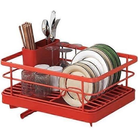 Égouttoir à vaisselle grande capacité, antidérapant, stable, à drainage automatique, facile à installer, gain de place, rouge.-AquaForge (1/4)