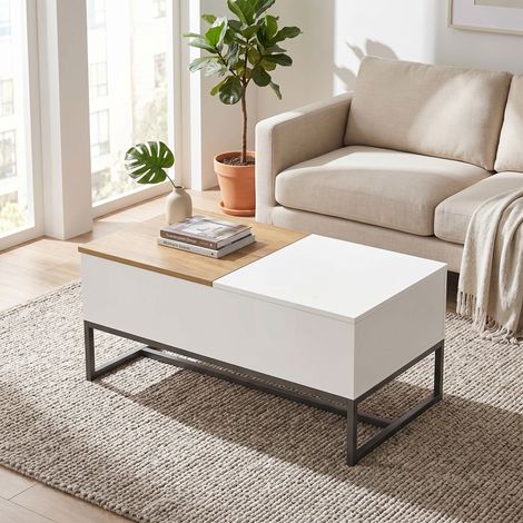 Table basse extensible plateau coulissant rangement caché pieds acier blanc. Table basse extensible pour votre salon, pratique et modulable. (1/5)