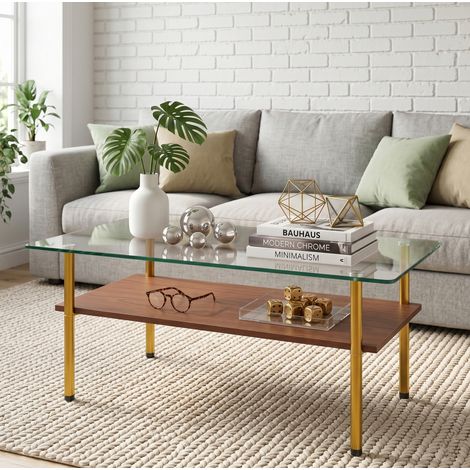 Tavolino rettangolare 98x58x45 cm in MDF, vetro e metallo marrone e dorato - MEUBLIV (1/5)