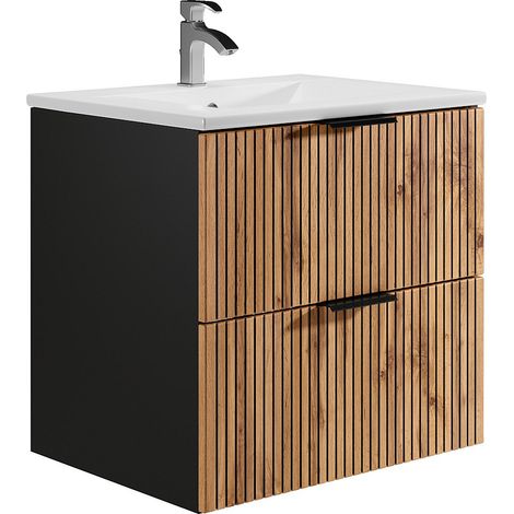 Mobile per bagno sospeso con scanalature e lavabo da incasso 60 cm Naturale chiaro e Nero - MADELA