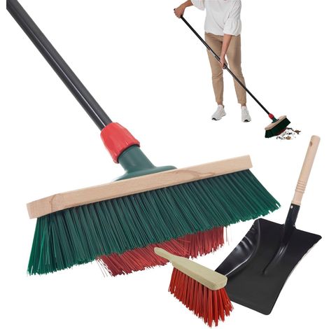 Balai de jardin Novaliv avec manche, poils en V 40 cm, poils en élastomère, kit de balayage galvanisé avec lèvre en caoutchouc, composé d'une pelle à
