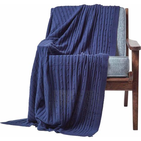 HOMESCAPES Plaid en tricot en 100% coton Bleu marine, 130 x 170 cm