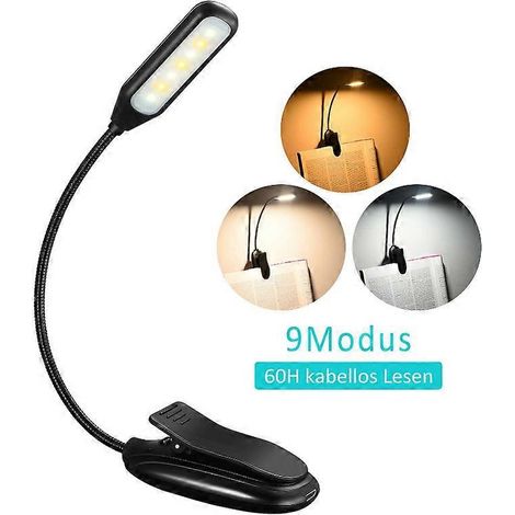 Lot de 2 lampes de lecture à pince rechargeables, 3 niveaux de luminosité, 3 températures de couleur. Petites lampes de lecture pour lire au lit, poids plume de 37 g, jusqu'à 70 ohms. (1/5)