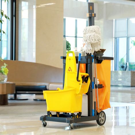 Reinigungswagen mit Tasche, Rollen und 3 Ablagen, Hotelreinigungswagen, 121 x 50,5 x 96,5 cm, Schwarz und Gelb