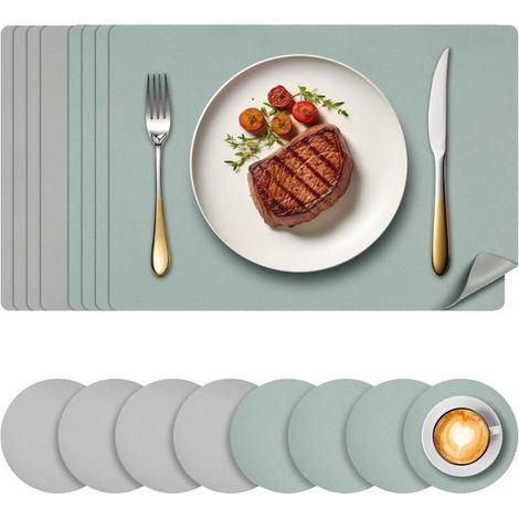Lot de 8 sets table cuir synthétique double face verre 45x30 cm, lavables imperméables, vert, usage cuisine/restaurant (1/5)