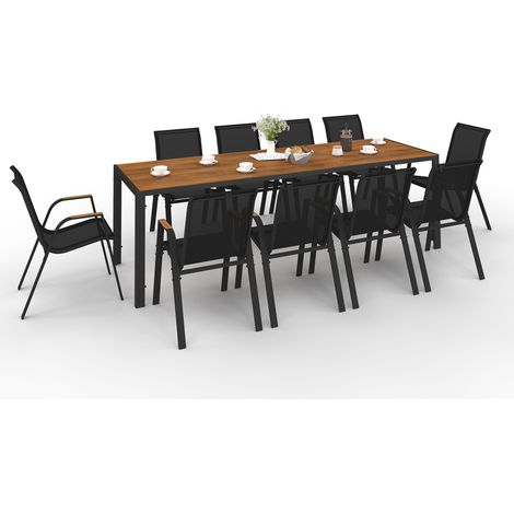Idmarket – Ensemble table et chaises de jardin 10 places – Table 240 cm en verre trempé effet bois – Chaises empilables en textilène noir et bois
