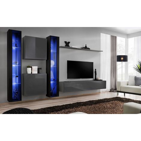 Ensemble mural - Switch XVI - 2 vitrines LED - 2 vitrines carrées - 1 banc TV - 1 étagère - Noir et graphite - Modèle 2 - Livraison gratuite