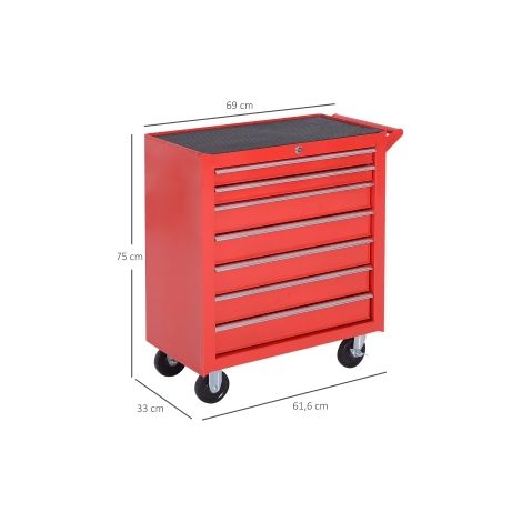 Desserte d'atelier rouge en acier à 7 tiroirs avec serrure et frein de blocage, charge 150 kg, pour garage, atelier et bricolage (1/5)