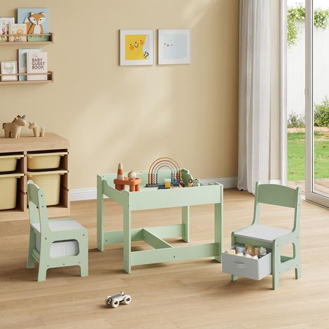 WOLTU Muebles de madera con pizarra, mesa infantil y 2 sillas, verde y blanco (1/5)