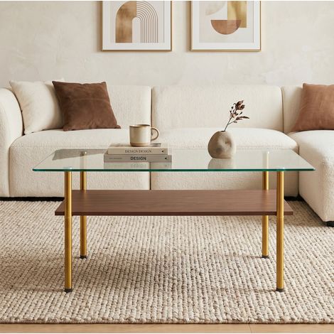 Tavolino da caffè 98x58x45 cm, piano in vetro temperato, ripiano in MDF, struttura in metallo, marrone e oro (1/5)