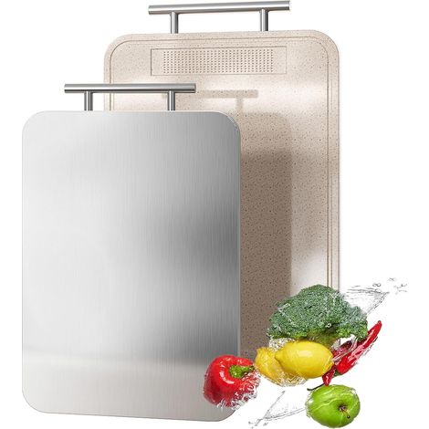 Planche à découper double face en titane pur pour cuisine, titane pur et paille de blé PP planches à découper en métal de qualité alimentaire, faciles à nettoyer, grande taille (1/5)