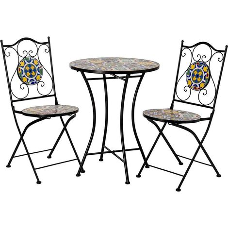 Conjunto de mesa y 2 sillas de metal amarillo 60x60x75h cm, 38x46x90h (1/5)