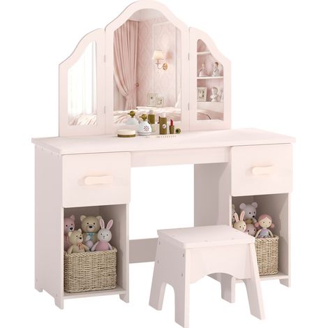 AIYAPLAY Kids Vanity Table and Chair Set with Tri-Folding Mirror for 3+ (1/5)