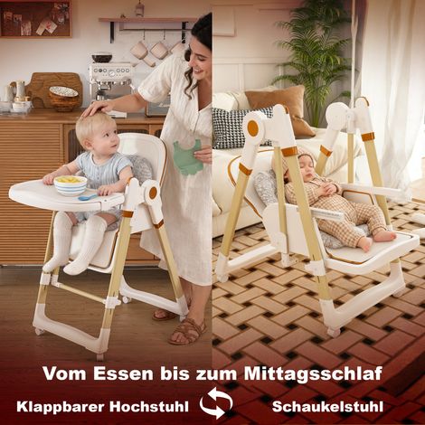 Chaise haute bébé 2 en 1 avec fonction bascule, harnais de sécurité 5 points, roues verrouillables, tablette amovible, pliable et réglable en hauteur, blanche (1/4)