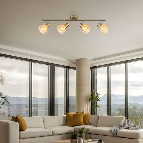 Barre de spots de plafond en verre ambré mat couleur laiton, 4 ampoules E14