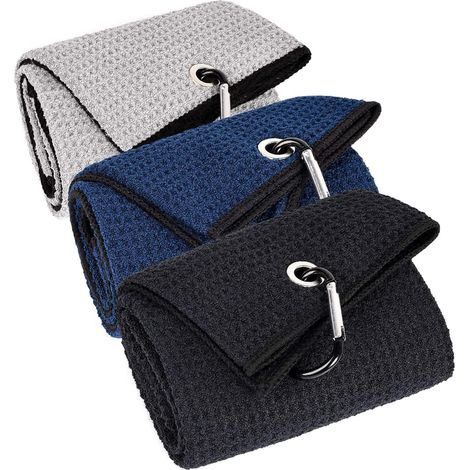 Set mit 3 großen Golfhandtüchern (schwarz, grau, marineblau), 40 x 60 cm. Dreifach großes, handliches Golfhandtuch aus Waffelstruktur-Mikrofaser, passend für Golftaschen mit Karabinerhaken. Entfernt s