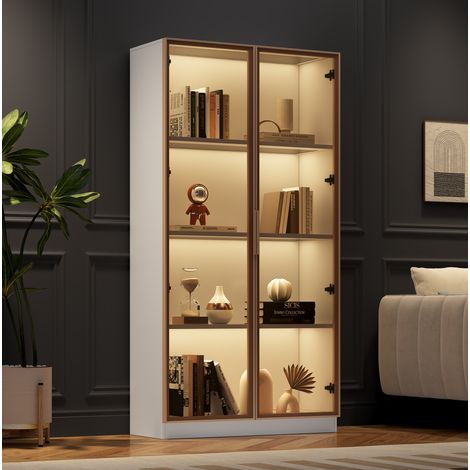 Glasvitrine 80x40x160 cm Weiß mit braunem Glas und LED-Beleuchtung, doppeltürig, mit verstellbaren Einlegeböden (1/5)