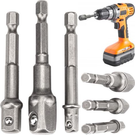 Kit de réduction d'embouts, entraînement hexagonal vers clé à douille 1/2", 3/8", 1/4", 3 pièces (1/5)