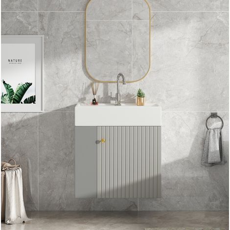 Hängender Waschtischunterschrank 55x31x66,5 cm aus Spanplatte grau mit integriertem Waschbecken (1/5)