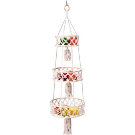 Panier Fruit Suspendu - 1 pièce, Panier Fruit Suspendu 3 Niveaux Corde Coton Tressée + Crochet - Mural, Pour Cuisine/Salo (1/5)